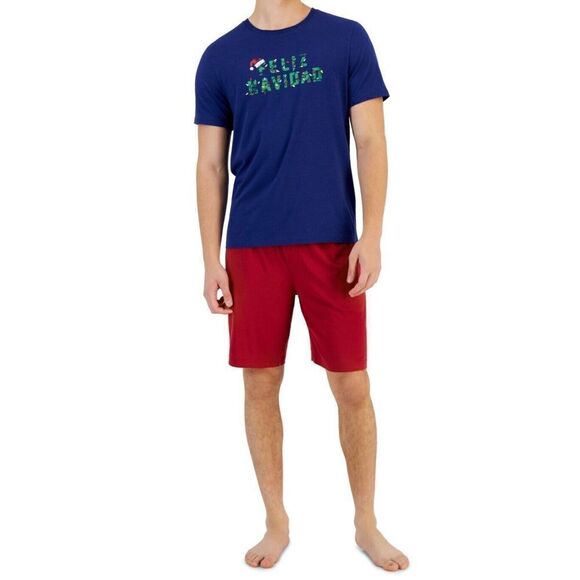 Club Room Men Sz L Blue S/S Shirt/Red Shorts Feliz Navidad 2-Pc Knit Lounge Set - Picture 1 of 2